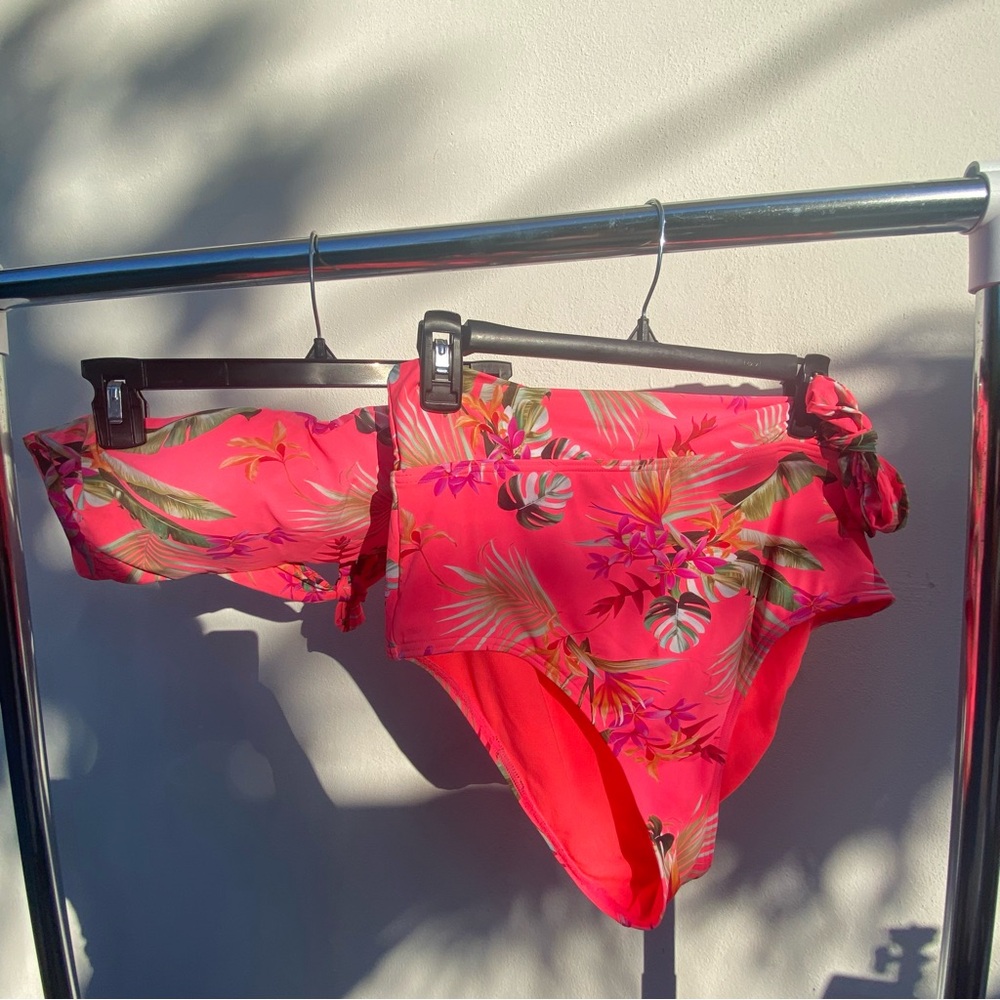La Vie En Rose Aqua Coral Multicolor Tropical Floral Bikini Size Large